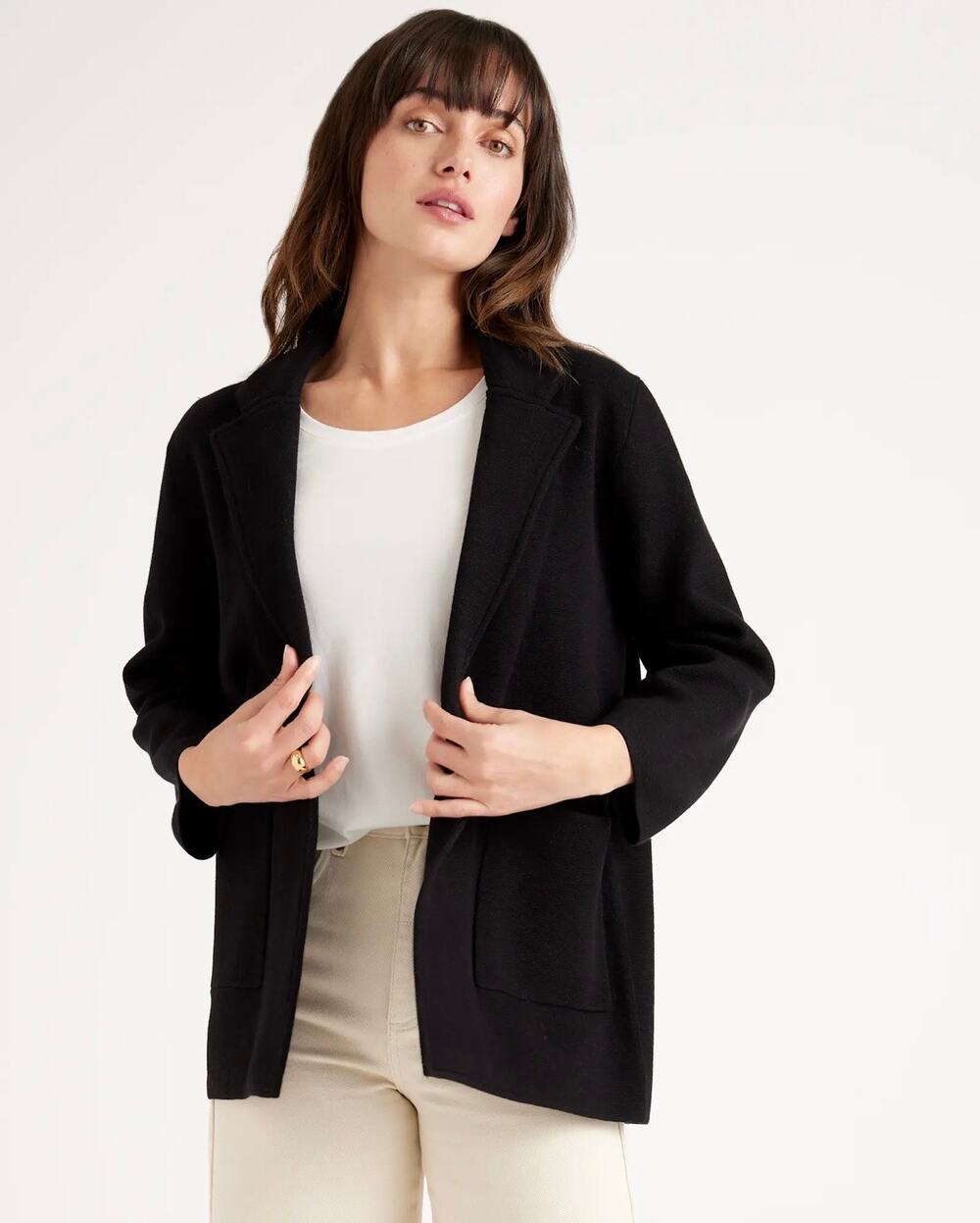 Quince 100% Organic Cotton Black Soft Relaxed Open Front Knit Blazer Medium